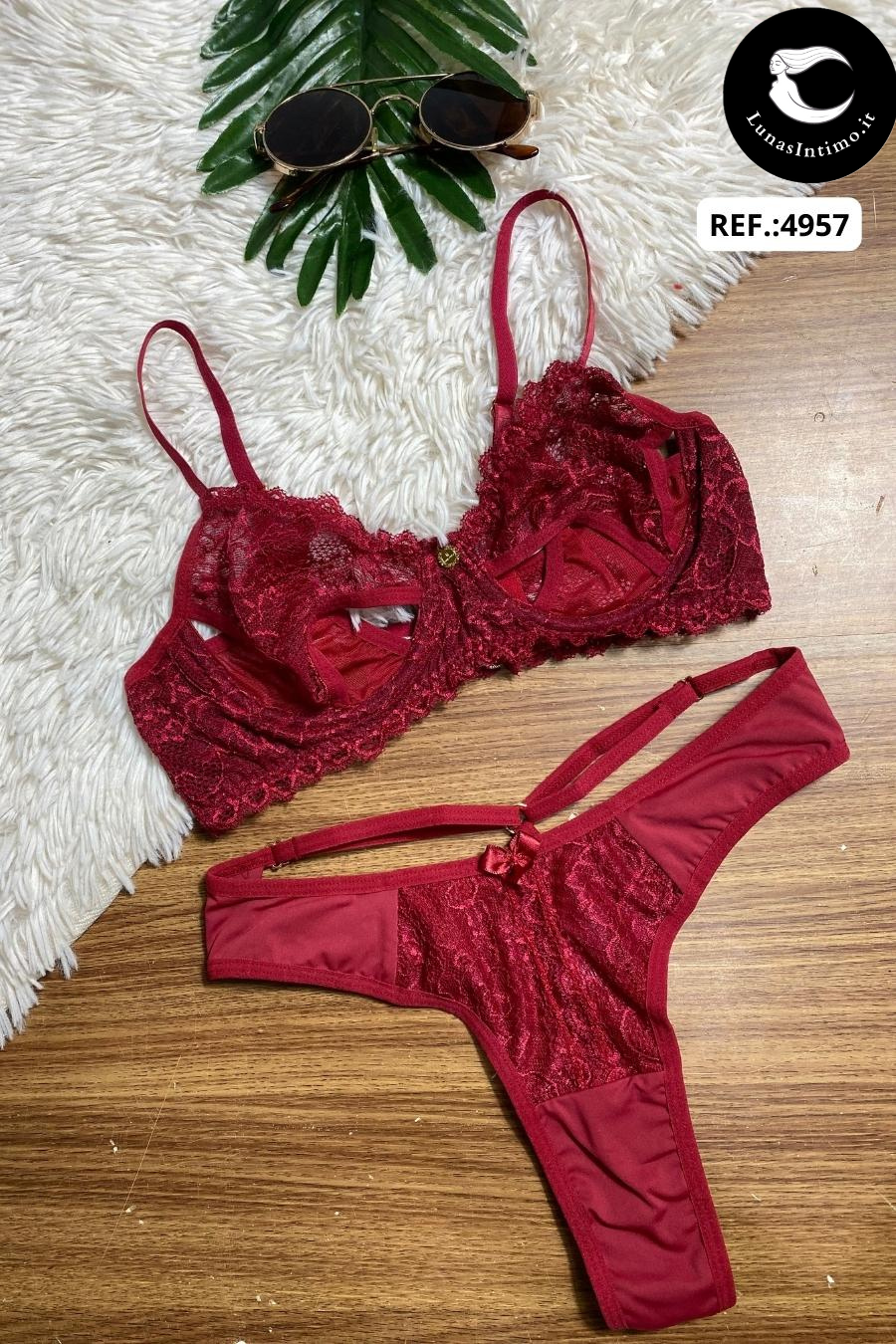Completo in tulle e pizzo da donna con dettagli cut-out e slip a doppio spalino Lunas Intimo rosso