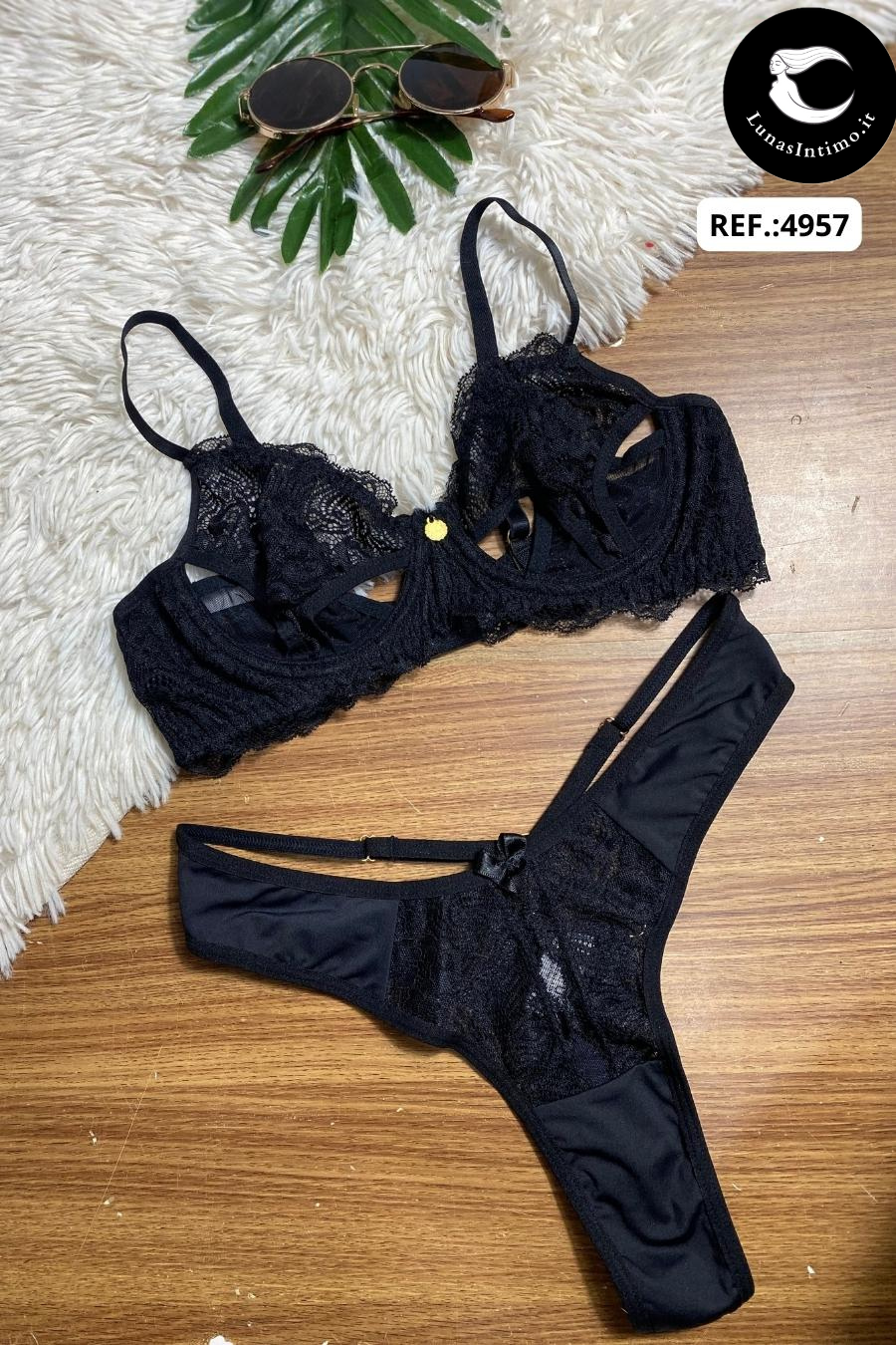 Completo in tulle e pizzo da donna con dettagli cut-out e slip a doppio spalino Lunas Intimo nero