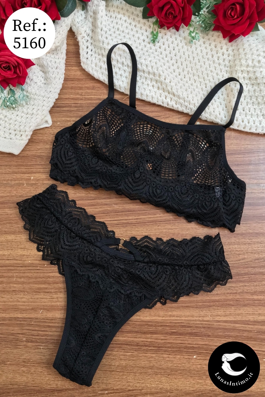 Completo balconcino in pizzo da donna con dettagli rimovibili Lunas Intimo fronte nero