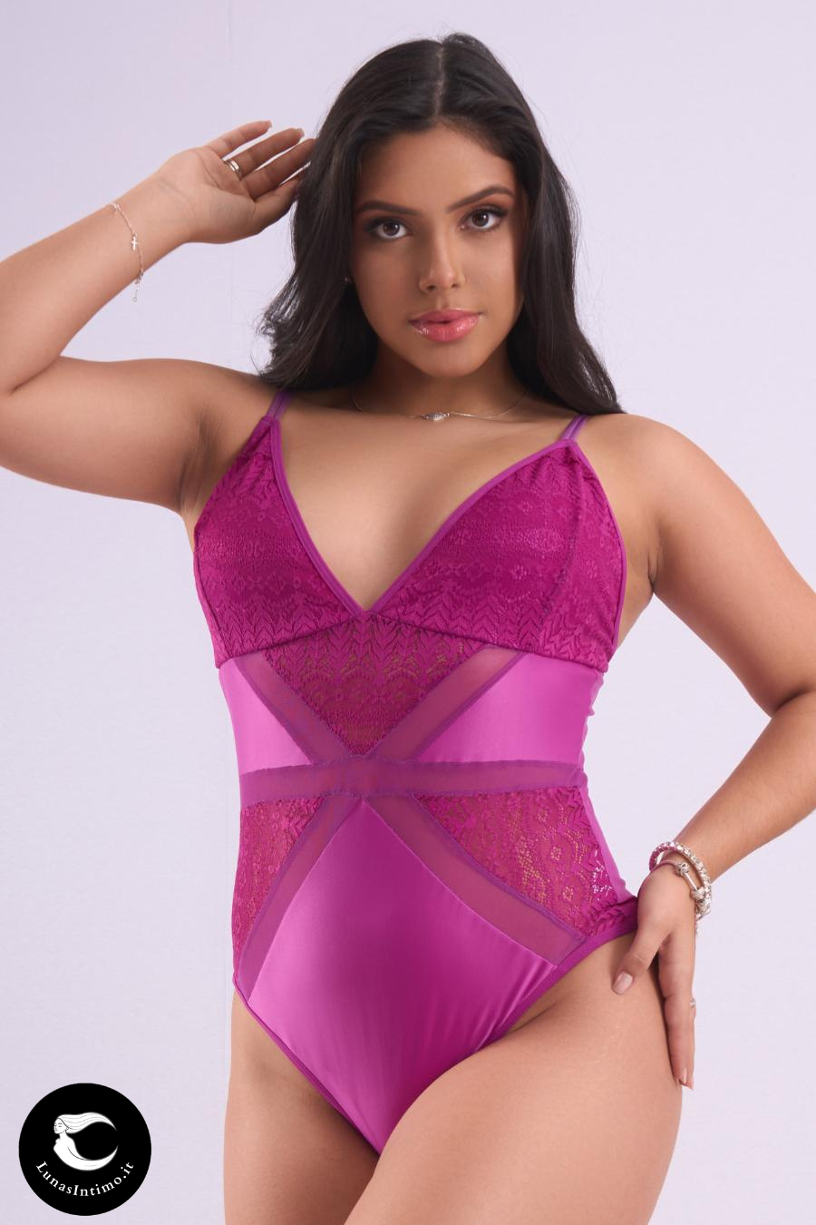 Body in microfibra da donna con tagli in pizzo e tulle e scollatura profonda Lunas Intimo rosa fronte