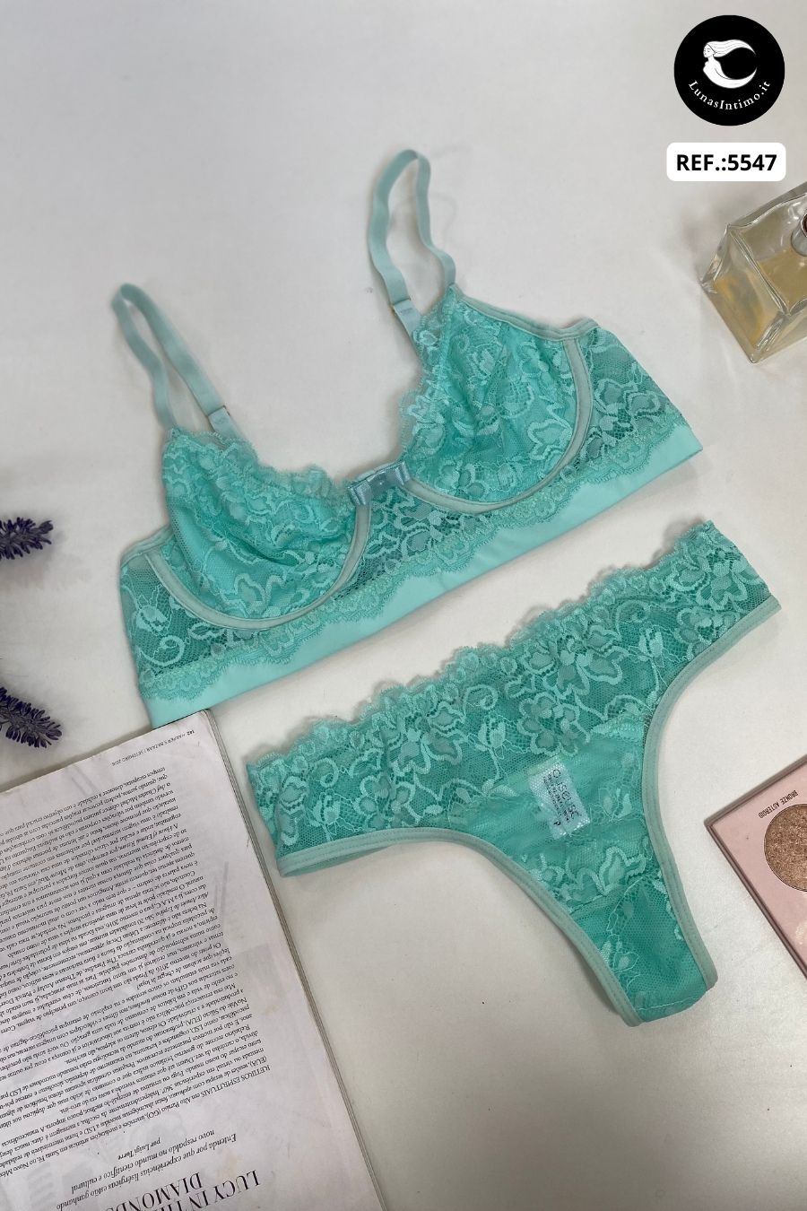 Completo Thalya in microfibra e pizzo con reggiseno e perizoma coordinato Lunas Intimo nero azzurro