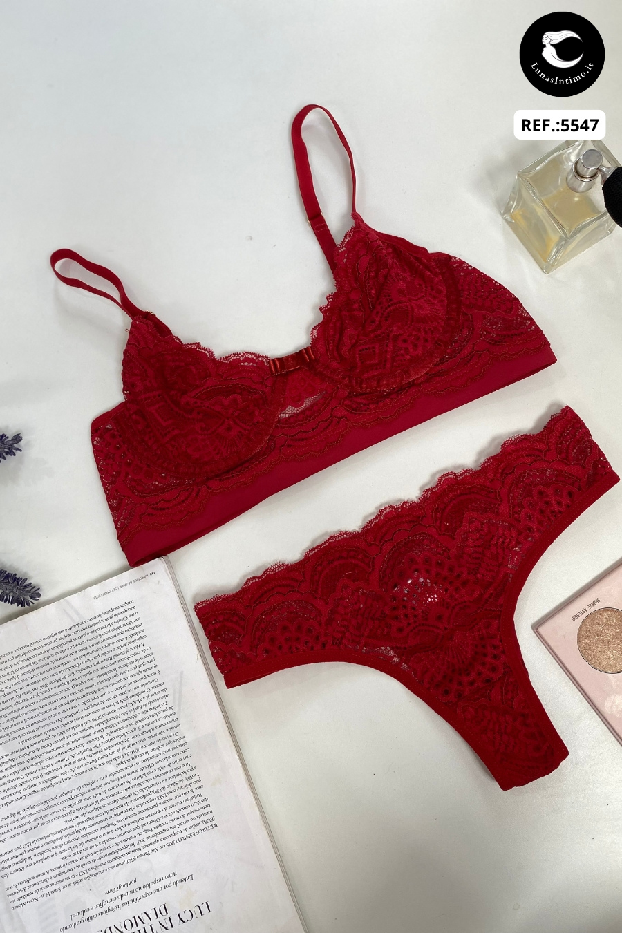 Completo Thalya in microfibra e pizzo con reggiseno e perizoma coordinato Lunas Intimo rosso