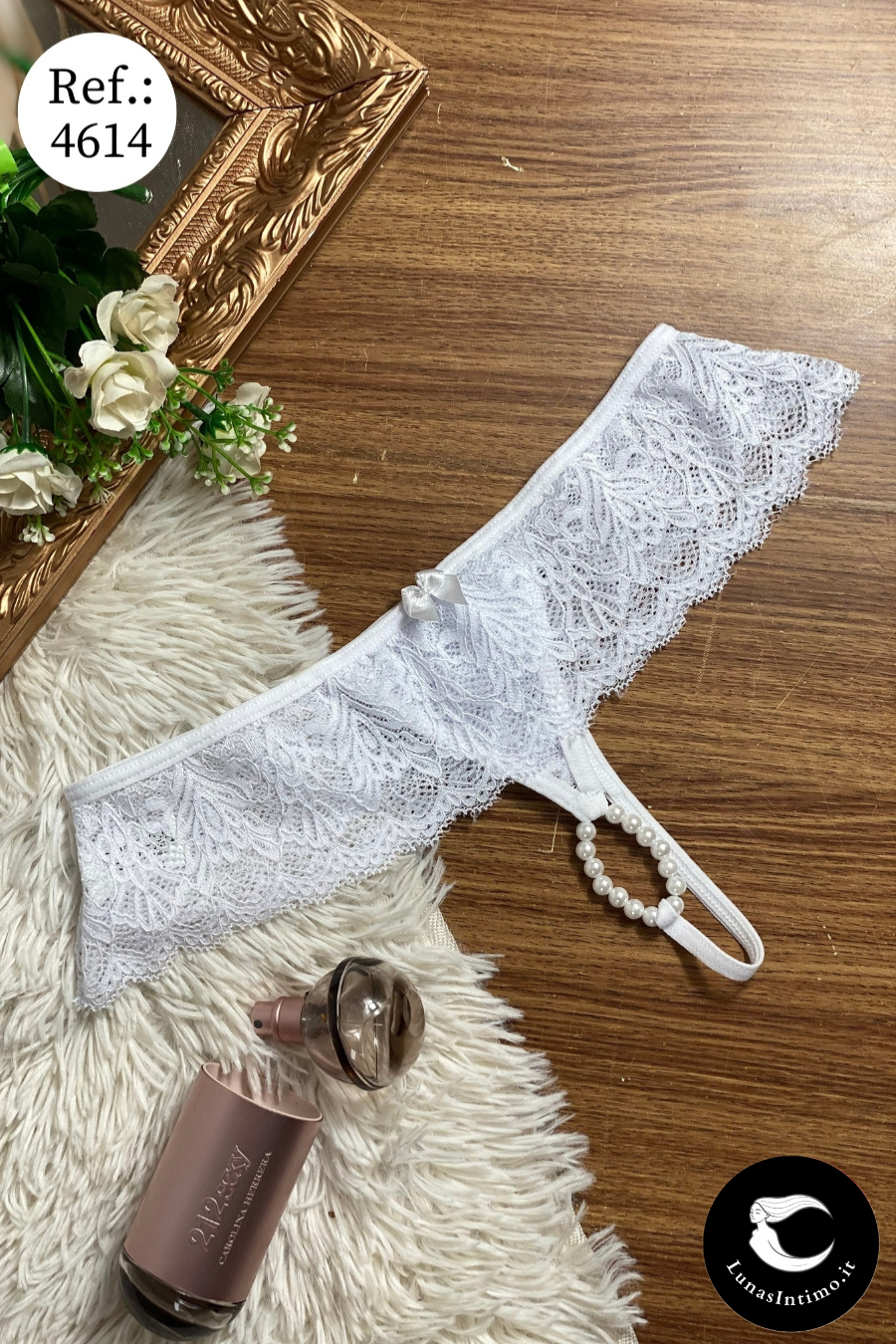 Perizoma in pizzo da donna con dettaglio di perle Lunas Intimo bianco