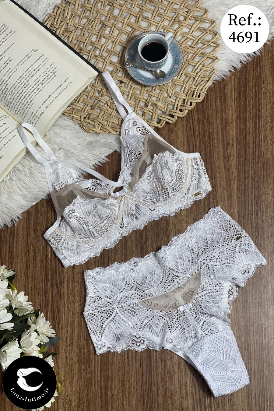 Completo in tulle da donna con dettagli in pizzo e slip coordinato Lunas Intimo bianco