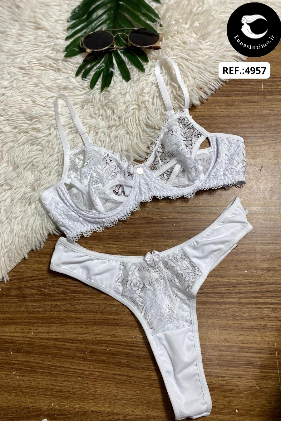 Completo in tulle e pizzo da donna con dettagli cut-out e slip a doppio spalino Lunas Intimo bianco