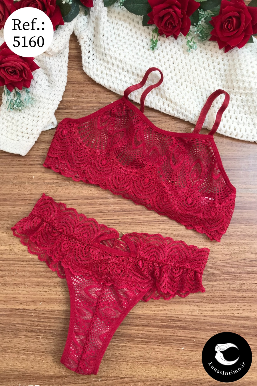 Completo balconcino in pizzo da donna con dettagli rimovibili Lunas Intimo rosso