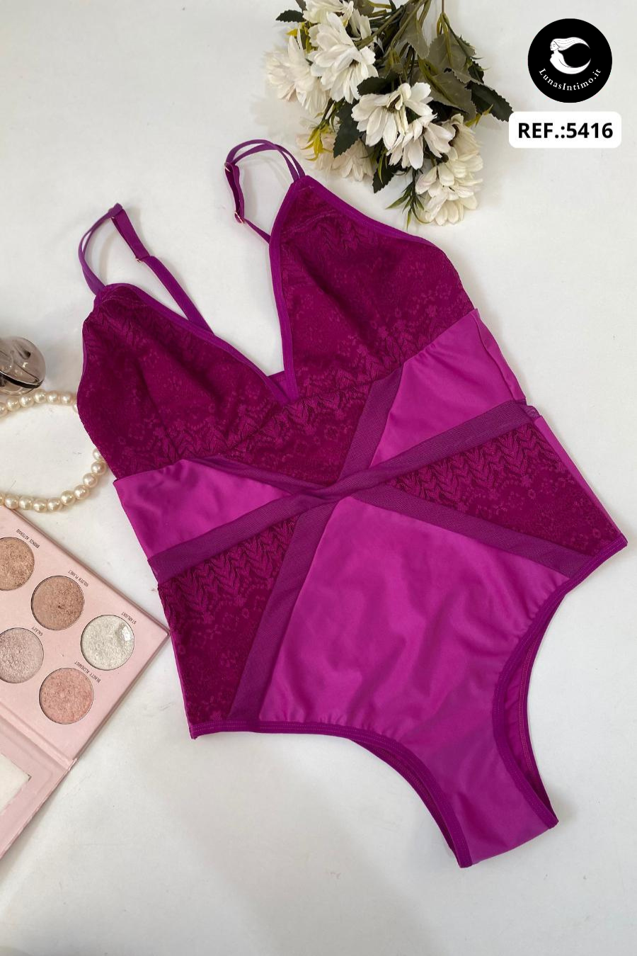 Body in microfibra da donna con tagli in pizzo e tulle e scollatura profonda Lunas Intimo Rosa