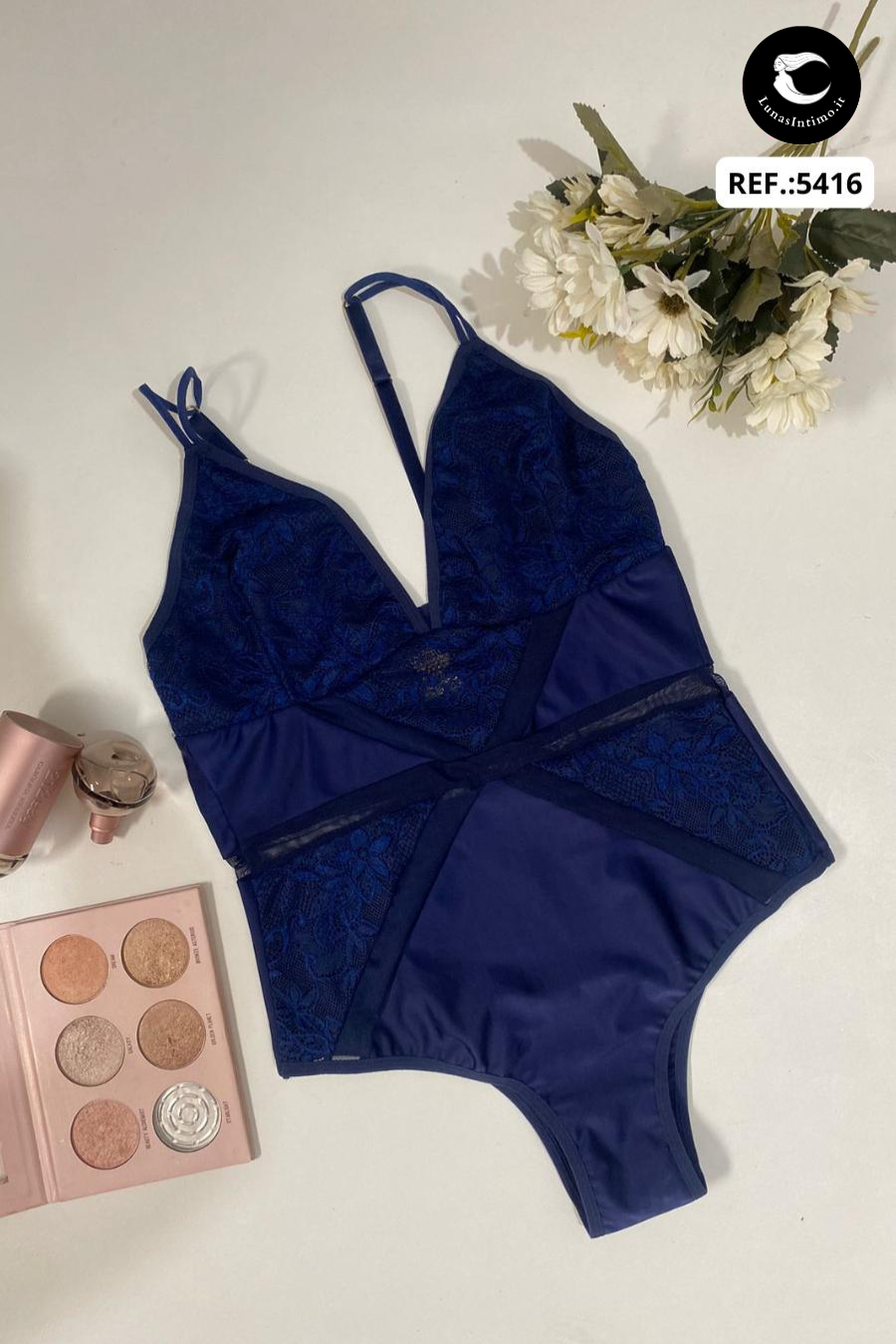 Body in microfibra da donna con tagli in pizzo e tulle e scollatura profonda Lunas Intimo Blu